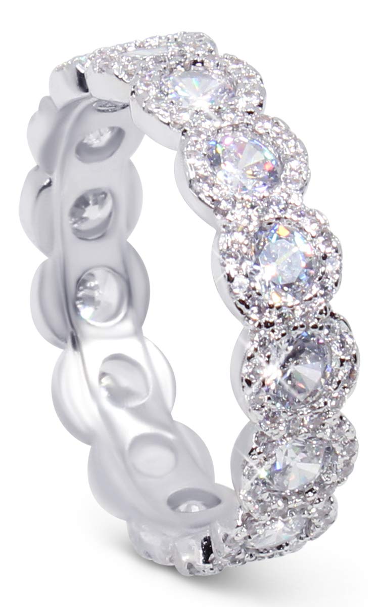 Savlano 18K White Gold Plated Cubic Zirconia Round Cut Eternity Ring Band for Women (9) - Image 2
