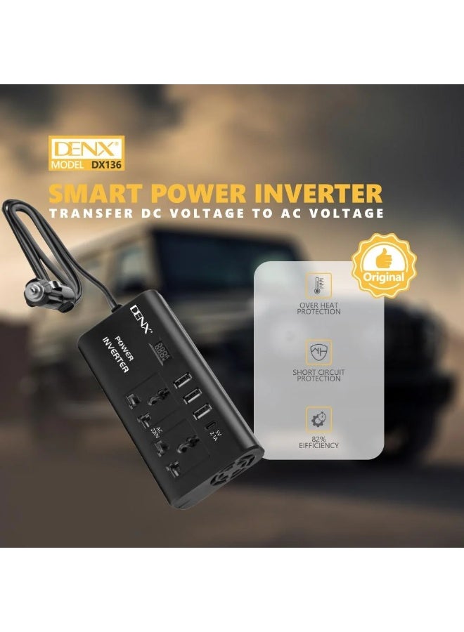 Denx Car Power Inverter, 12V to 220V, High Frequency Modified Sine Wave, 300W, Multi-Port, USB Port + Type-C Port Plus Includes Battery Adapter DX136 - Image 2