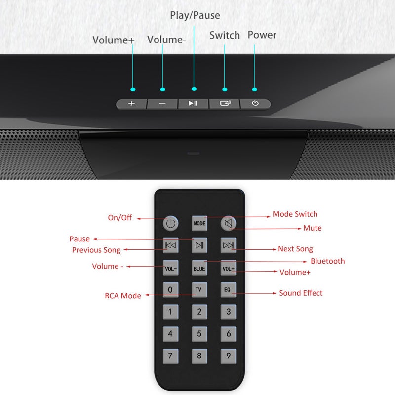 BS-28B Wireless Bluetooth Speakers 20W Soundbar Home Theater Sound Bar AUX RCA Input TF Card Music Playback FM Radio TWS Connection with Remote Control USB Rechargeable for TV Latop PC Smartphone - Image 5