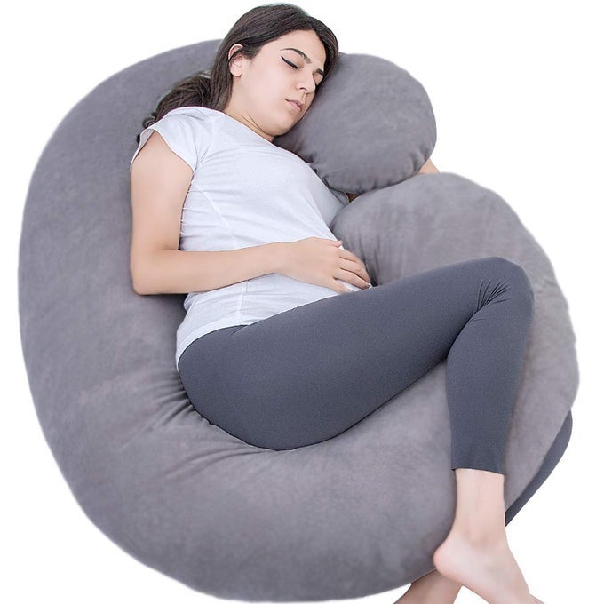 PREGNANCY PILLOW C SHAPED FULL BODY PILLOW FOR MATERNITY SUPPORT AND PREGNANT WOMEN SLEEPING WITH VELVET COVER DARK GREY
