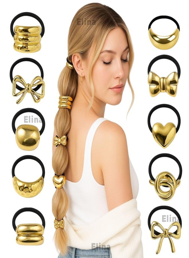 Elina Metal Hair Ties Ponytail Holder Cuffs for Girls & Women, Glossy Elastic, Geometric Design, Head Accessories Fashion Trendy Celebrity Rubber Bands (Gold Color)(Pack of 6 Pcs Random) - Image 1
