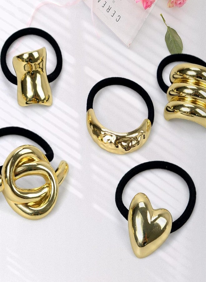 Elina Metal Hair Ties Ponytail Holder Cuffs for Girls & Women, Glossy Elastic, Geometric Design, Head Accessories Fashion Trendy Celebrity Rubber Bands (Gold Color)(Pack of 6 Pcs Random) - Image 5