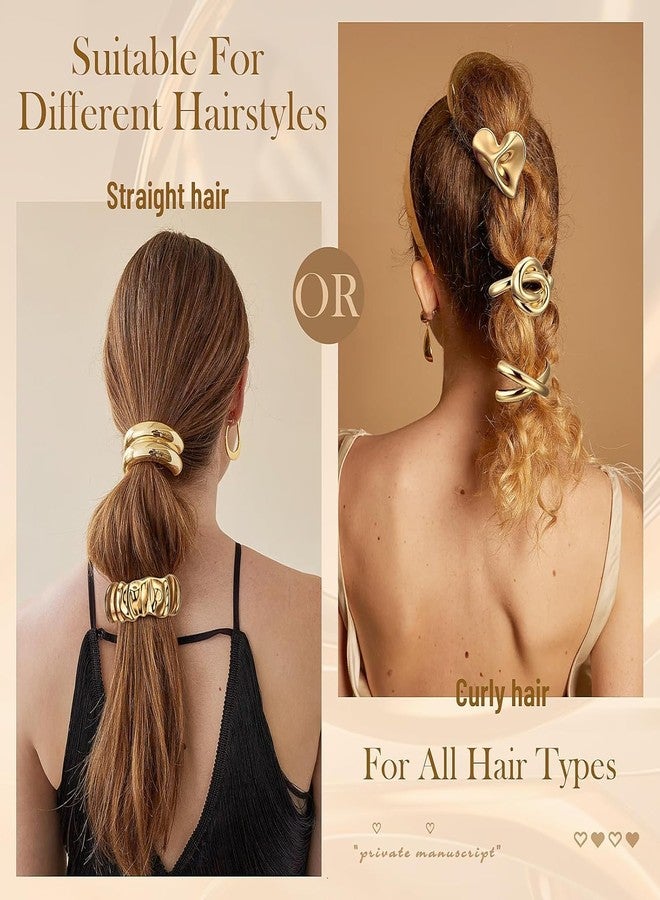Elina Metal Hair Ties Ponytail Holder Cuffs for Girls & Women, Glossy Elastic, Geometric Design, Head Accessories Fashion Trendy Celebrity Rubber Bands (Gold Color)(Pack of 6 Pcs Random) - Image 3