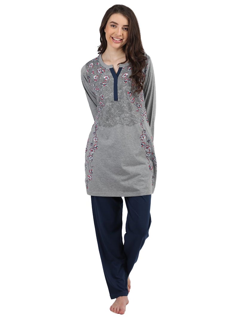 Duchess Women's Cotton Embroidery Long Length Night Suit Set - Pajama Set, Grey, XLarge - Image 1