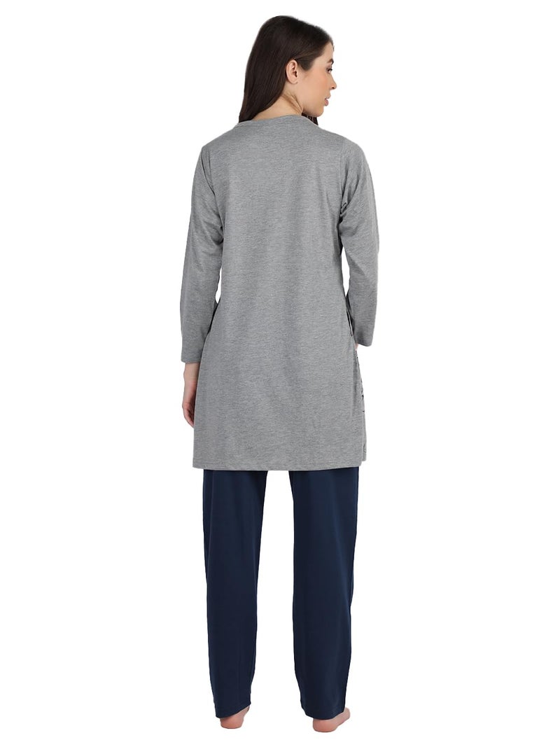 Duchess Women's Cotton Embroidery Long Length Night Suit Set - Pajama Set, Grey, XLarge - Image 3