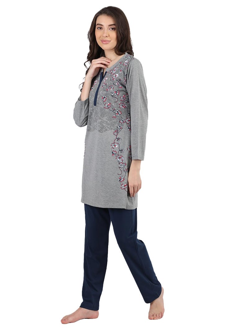Duchess Women's Cotton Embroidery Long Length Night Suit Set - Pajama Set, Grey, XLarge - Image 4