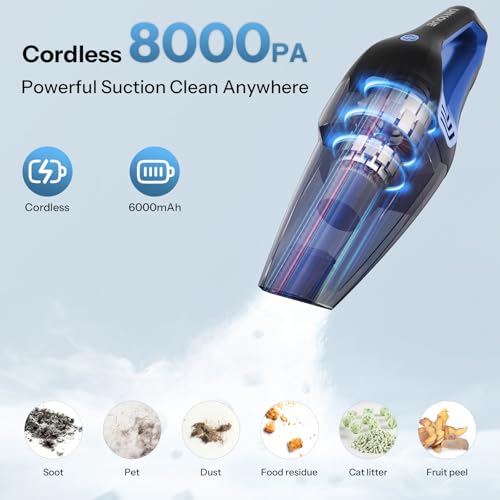 UN1QUE Cordless Car Vacuum Cleaner 2 in 1 - Home and Car, 8000Pa Suction Portable Handheld Vacuum Cleaner for Car Use with Steel Mesh Filter, 650ML Dustbin, 4 Nozzles, USB Rechargeable (Blue) - Image 2