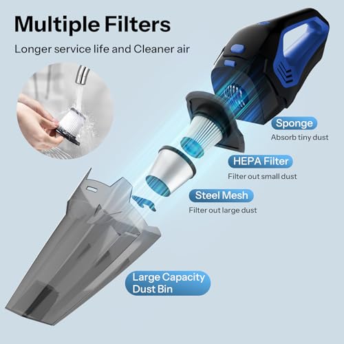 UN1QUE Cordless Car Vacuum Cleaner 2 in 1 - Home and Car, 8000Pa Suction Portable Handheld Vacuum Cleaner for Car Use with Steel Mesh Filter, 650ML Dustbin, 4 Nozzles, USB Rechargeable (Blue) - Image 4