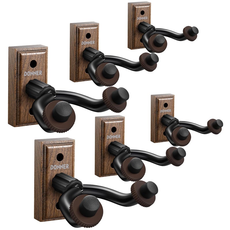 Donner Guitar Wall Mount Hanger 6-Pack, Black Walnut Guitar Wall Holder for Acoustic Electric Guitars, Bass, Folk Ukulele, Violin, Mandolin Banjo and String Instruments - Image 1