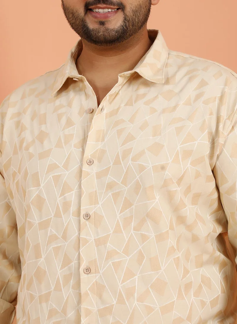 Instafab Plus  Instafab Plus Men's Ecru Beige Block Geometric-Veined Shirt For Casual Wear | Spread Collar | Long Cuffed Sleeves | Button Closure | Plus Size Shirt Crafted With Comfort Fit For Everyday Wear for Men | Best Price UAE