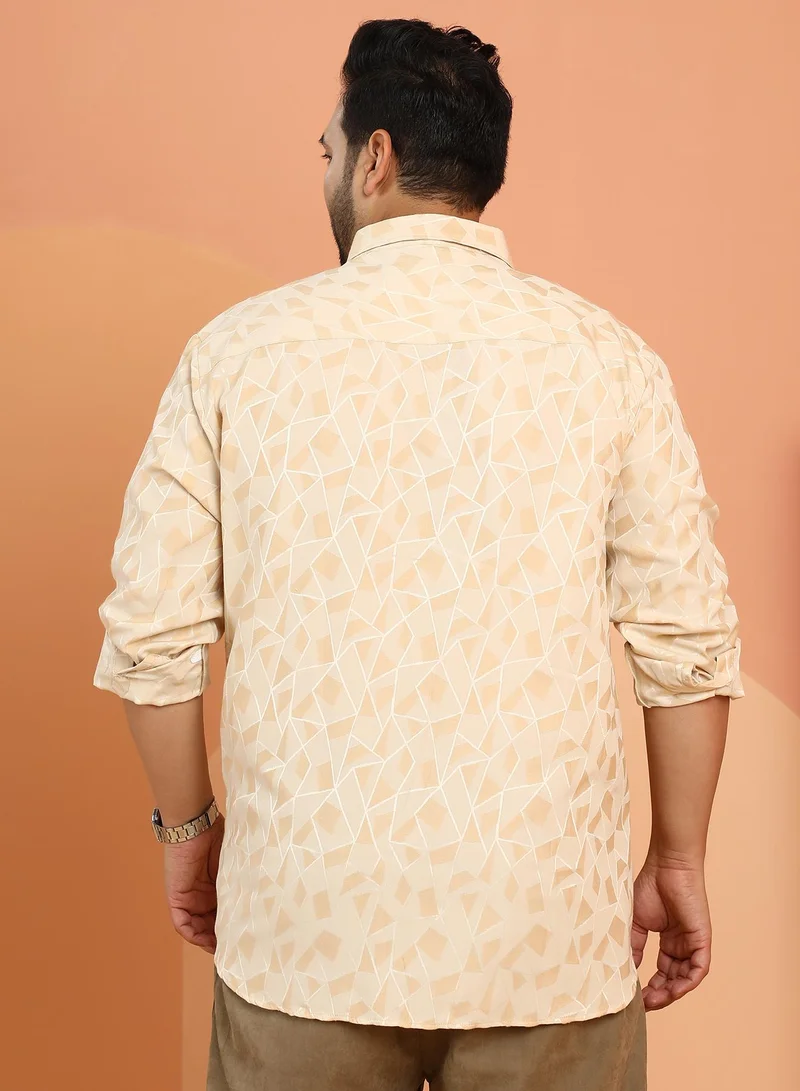 Instafab Plus  Instafab Plus Men's Ecru Beige Block Geometric-Veined Shirt For Casual Wear | Spread Collar | Long Cuffed Sleeves | Button Closure | Plus Size Shirt Crafted With Comfort Fit For Everyday Wear for Men | Best Price UAE