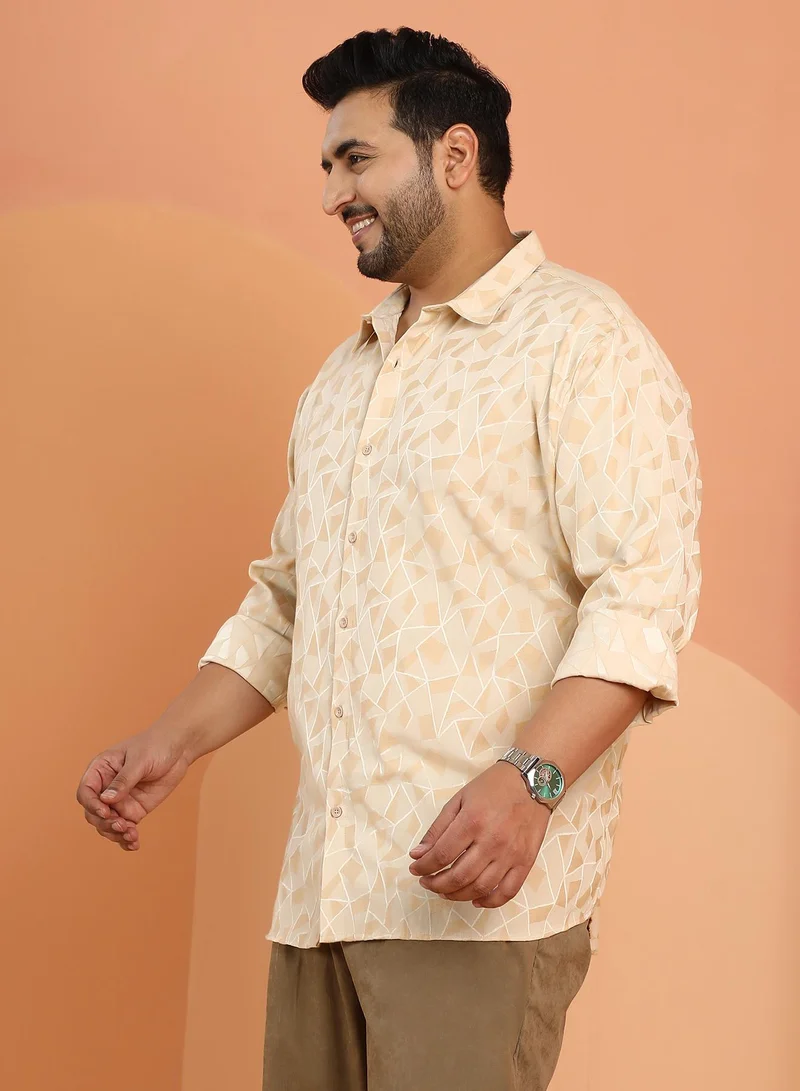 Instafab Plus  Instafab Plus Men's Ecru Beige Block Geometric-Veined Shirt For Casual Wear | Spread Collar | Long Cuffed Sleeves | Button Closure | Plus Size Shirt Crafted With Comfort Fit For Everyday Wear for Men | Best Price UAE