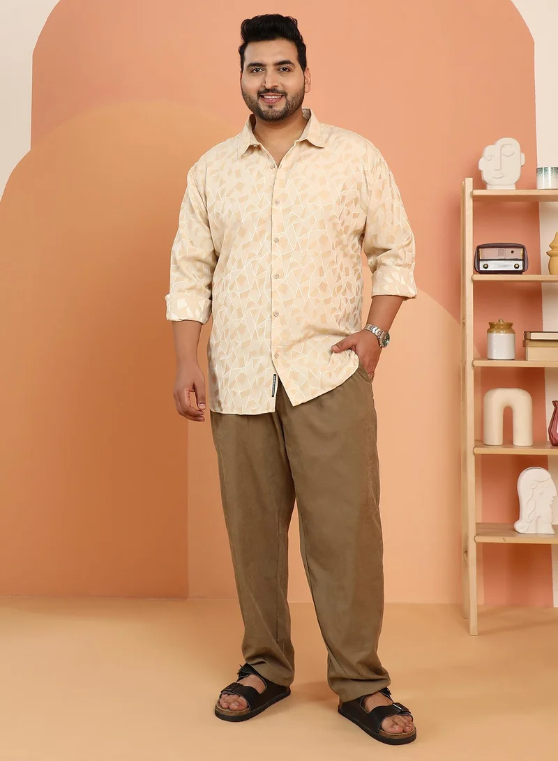 Instafab Plus  Instafab Plus Men's Ecru Beige Block Geometric-Veined Shirt For Casual Wear | Spread Collar | Long Cuffed Sleeves | Button Closure | Plus Size Shirt Crafted With Comfort Fit For Everyday Wear for Men | Best Price UAE