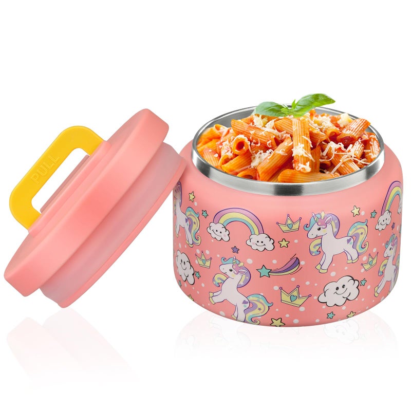 PIQUEBAR 8oz Kids Thermo for Hot Food,Small Lunch Thermos Food Container Stainless Steel,Easy Open Wide Mouth Thermo for Hot Cold Food for Preschool Travel (Pink Unicorns) - Image 1