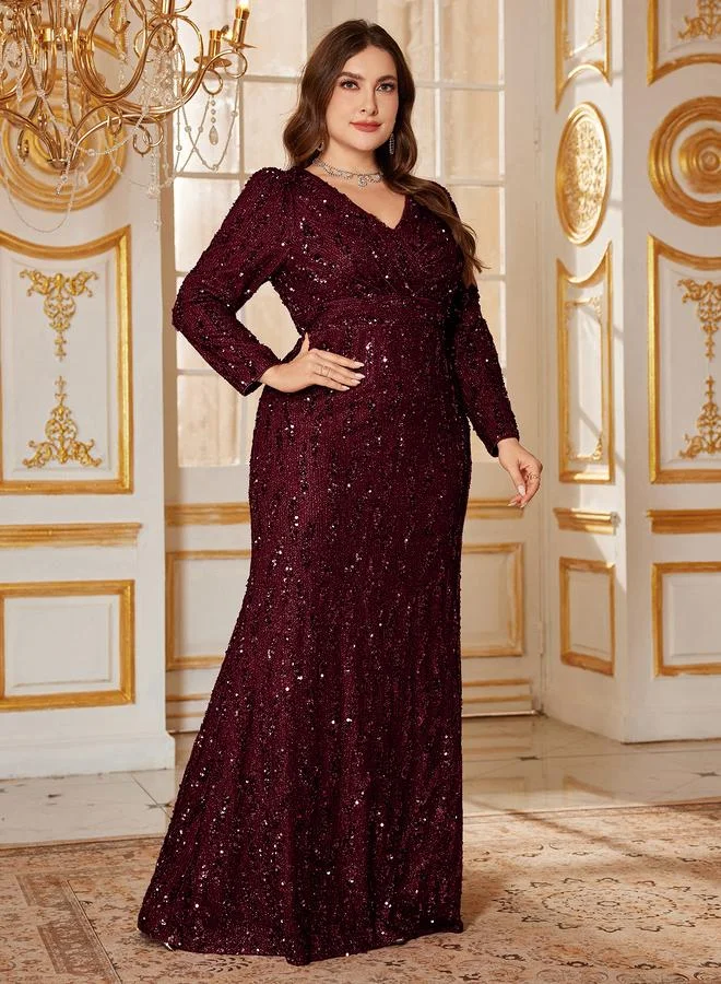 Unithorse Plus Size Burgundy Sequin Long Sleeves A-Line Maxi Dress