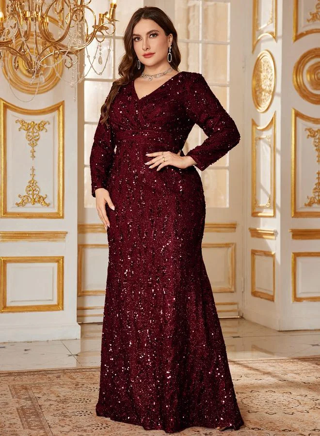 Unithorse Plus Size Burgundy Sequin Long Sleeves A-Line Maxi Dress