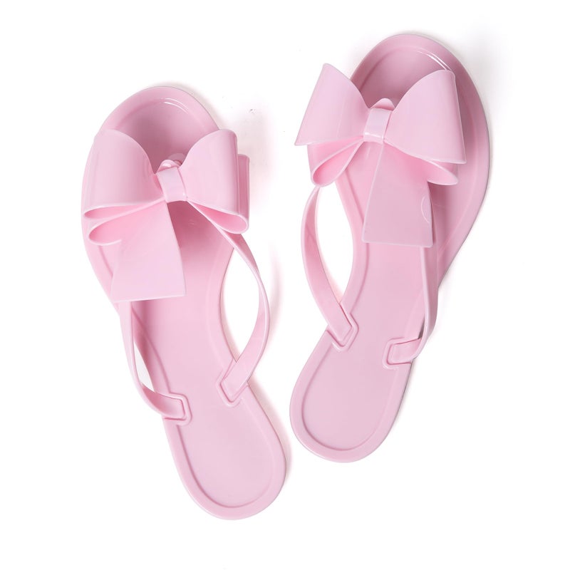 Mtzyoa Women Flip Flops Flat Sandals Jelly Bow Beach Rain Cute Dressy Summer Casual Pink Size 6.5 - Image 1