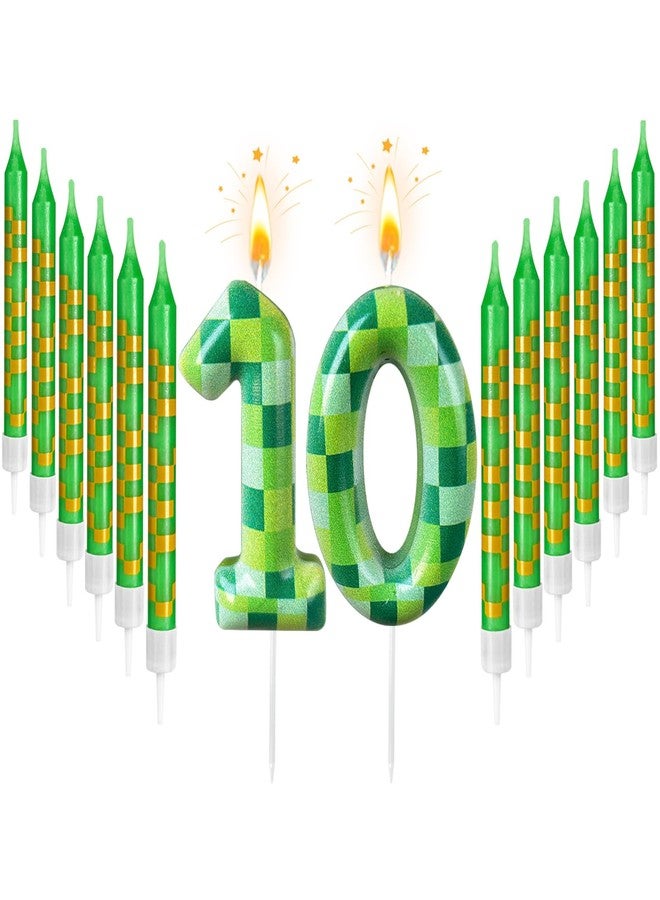 Zlongron 14 Pieces Birthday Cake Candles, Green Pixel Theme Birthday Candles, Suitable for Boys and Girls Birthdays, Gatherings, Parties, Celebrations Good Decoration Supplies (Number 10) - Image 1