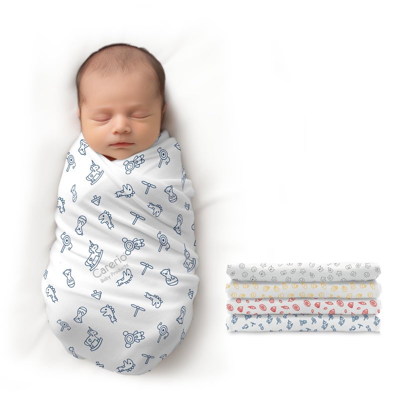 CARERIO 100% Mulmul Baby Swaddle Set, Pack of 4, Printed Breathable & Anti Allergic Swaddle Wrap for New Born Baby, Size-114cm x 92cm (446), 0-18 Month+ (04) - Image 1