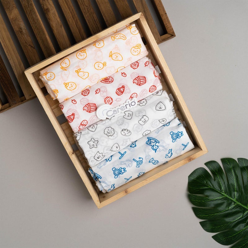 CARERIO 100% Mulmul Baby Swaddle Set, Pack of 4, Printed Breathable & Anti Allergic Swaddle Wrap for New Born Baby, Size-114cm x 92cm (446), 0-18 Month+ (04) - Image 3