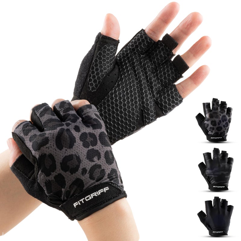 Fitgriff Workout Gloves Padded for Men Women Fingerless Gym Gloves for Weight Lifting Training Full Palm Protection Leopard Size 6 - Image 2