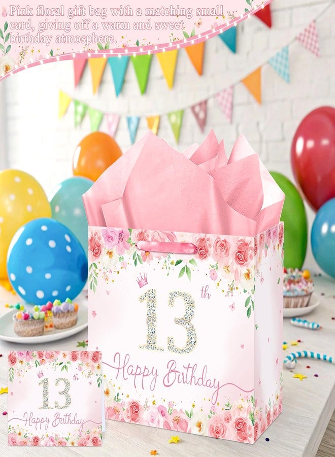 QISOLIY Pink Floral 13th Birthday Gift Bag for Girls Large Elegant Happy 13th Birthday Bag with 3 Tissue Paper and 1 Greeting Card Included, 13’’ Reusable Rose Gift Bag for Teen Girl, Daughter, or Friend - Image 4