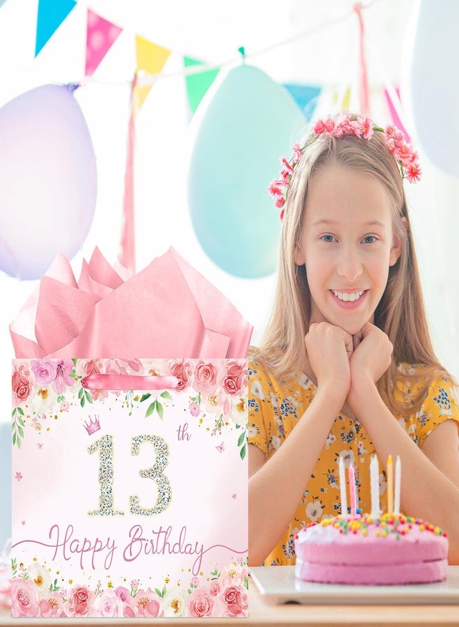 QISOLIY Pink Floral 13th Birthday Gift Bag for Girls Large Elegant Happy 13th Birthday Bag with 3 Tissue Paper and 1 Greeting Card Included, 13’’ Reusable Rose Gift Bag for Teen Girl, Daughter, or Friend - Image 3