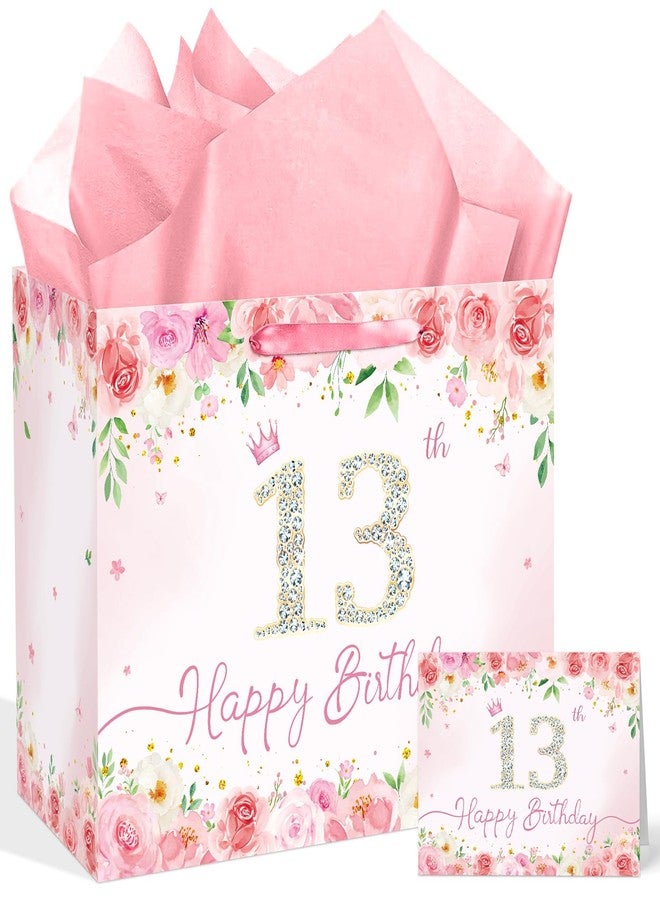 QISOLIY Pink Floral 13th Birthday Gift Bag for Girls Large Elegant Happy 13th Birthday Bag with 3 Tissue Paper and 1 Greeting Card Included, 13’’ Reusable Rose Gift Bag for Teen Girl, Daughter, or Friend - Image 1