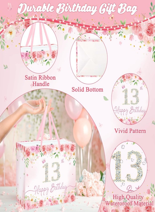 QISOLIY Pink Floral 13th Birthday Gift Bag for Girls Large Elegant Happy 13th Birthday Bag with 3 Tissue Paper and 1 Greeting Card Included, 13’’ Reusable Rose Gift Bag for Teen Girl, Daughter, or Friend - Image 2