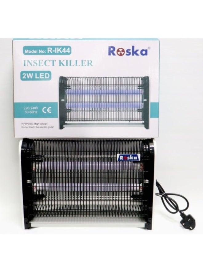 Stop pesky insects with the Roska R-IK44 Electric Zapper. Features dual UV bulbs, 2W power, and a sleek 24cm wall-mountable design. Safe, effective, and perfect for a bug-free environment.