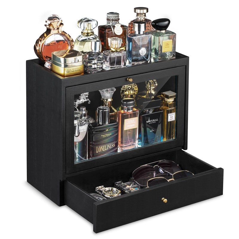 Emfogo Cologne Organizer for Men, Solid Wood Perfumes Organizer for Men Dresser, Large Capacity Dustproof Cologne Holder with Drawer Storage Perfume Stand Organizer, Ideal Gift for Loved ones - Image 1