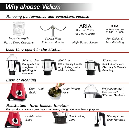 Vidiem EVA Royal 750W Mixer Grinder with 3 Jars | 750W mixer Grinder | 2 Years Product Warranty & 5 Years Motor Warranty | Red & Black - Image 3