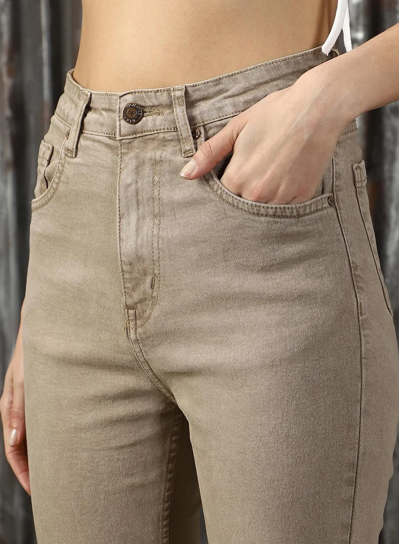 هاي ستار Women's Beige Cotton Blend Distressed Jeans