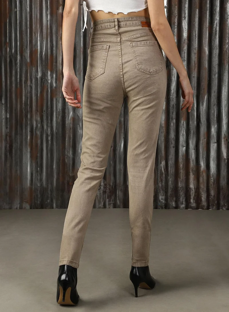 هاي ستار Women's Beige Cotton Blend Distressed Jeans