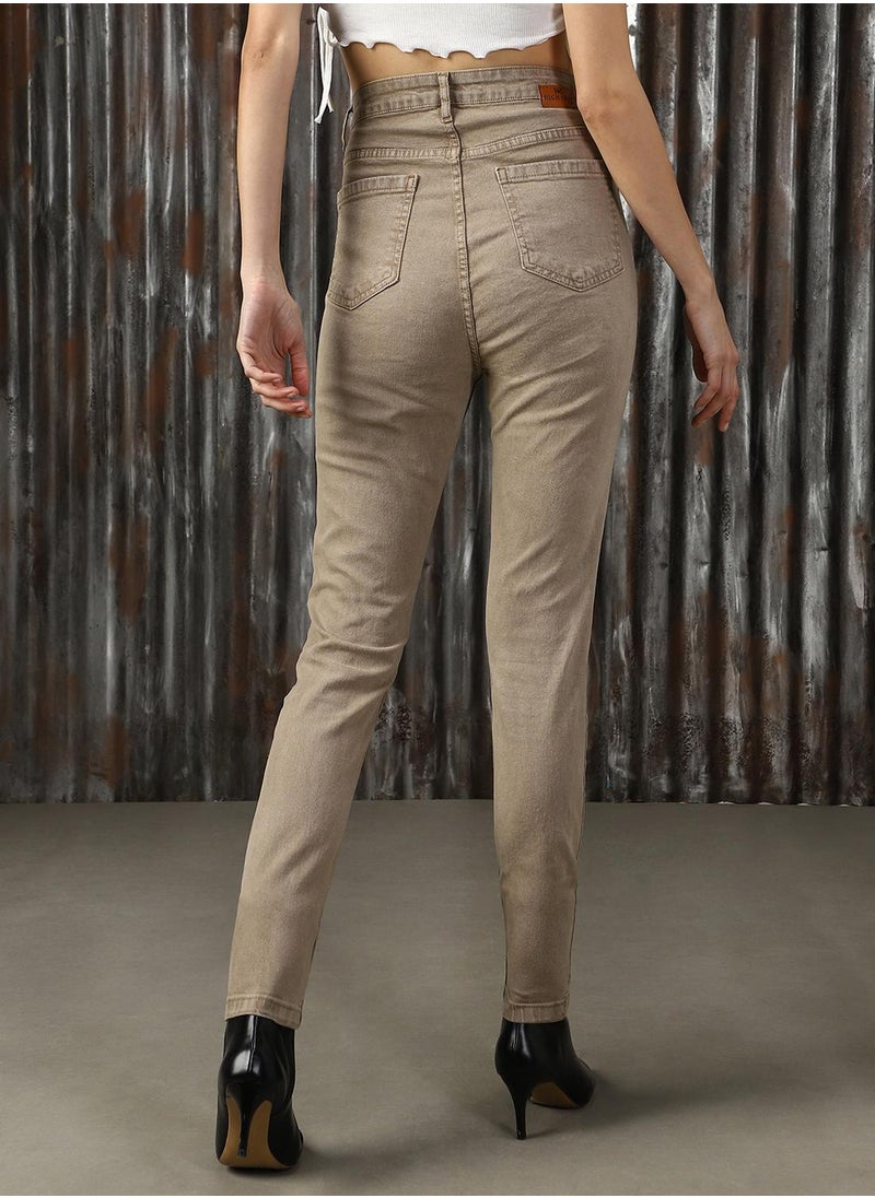 HIGH STAR - Women's Beige Cotton Blend Distressed Jeans - Image 1