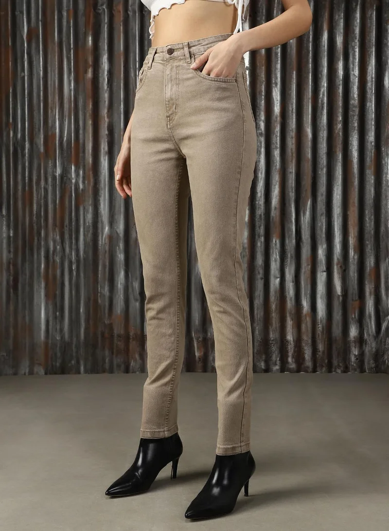 هاي ستار Women's Beige Cotton Blend Distressed Jeans