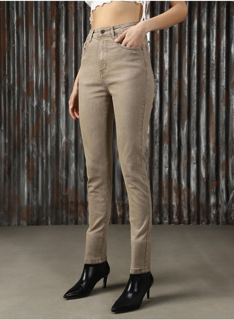 HIGH STAR - Women's Beige Cotton Blend Distressed Jeans - Image 1
