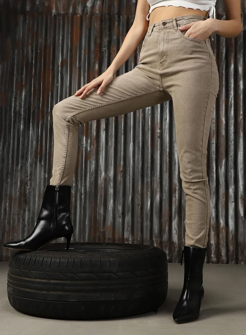 هاي ستار Women's Beige Cotton Blend Distressed Jeans