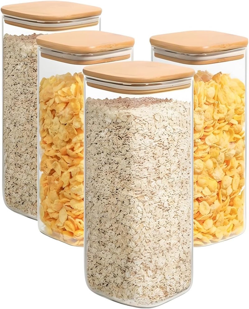 Square Glass Spice Jars with Airtight Bamboo Lids - Pack of 4 (420ml) - Image 1