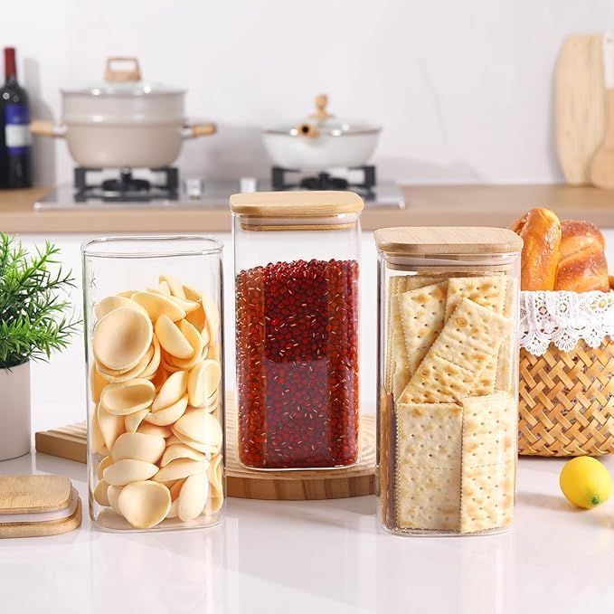 Square Glass Spice Jars with Airtight Bamboo Lids - Pack of 4 (420ml) - Image 3