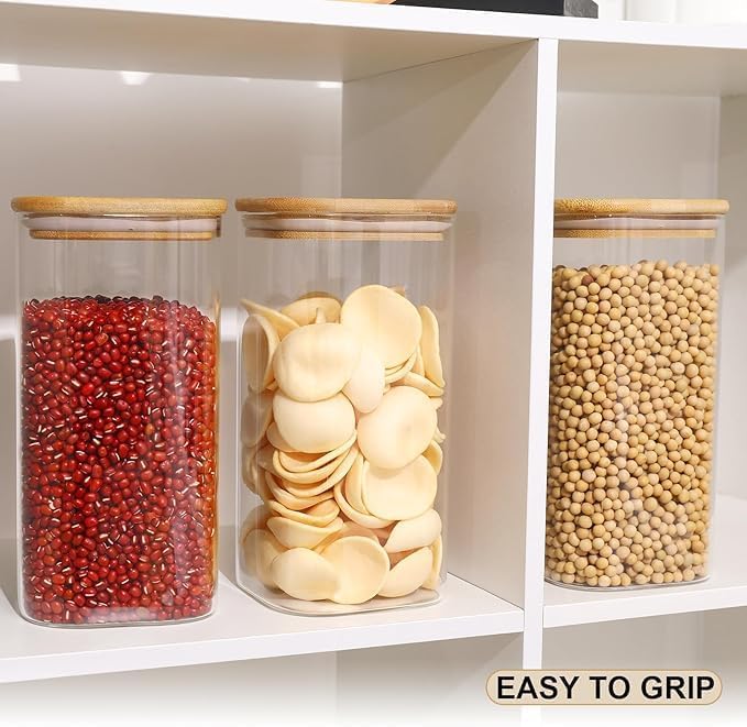 Square Glass Spice Jars with Airtight Bamboo Lids - Pack of 4 (420ml) - Image 5