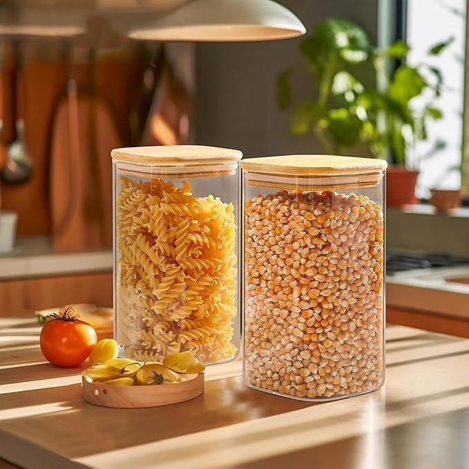 Square Glass Spice Jars with Airtight Bamboo Lids - Pack of 4 (420ml) - Image 4