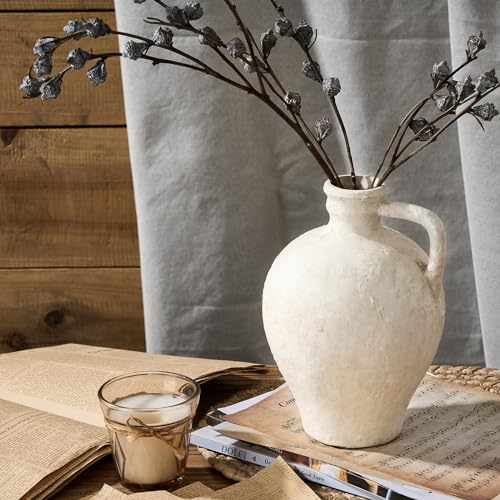 LUKA Ceramic Rustic Farmhouse Vase,8.25 inch Terracotta Vase with Handle,Neutral Clay Pot Vases Decorative Vase for Living Room,Table,Shelf Decor(Off-White,M) - Image 4