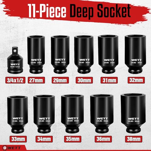 WETT 1/2" Drive Deep Large Impact Socket Set, 11-Piece Spindle Axle Nut Wheel Wrench Sockets Set, Jumbo Metric 6 Point Sockets with 3/4 to 1/2 Adapter, CR-MO, (27mm-38mm) - Image 2
