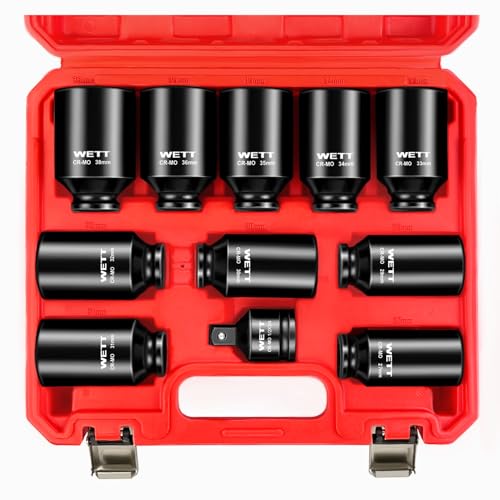 WETT 1/2" Drive Deep Large Impact Socket Set, 11-Piece Spindle Axle Nut Wheel Wrench Sockets Set, Jumbo Metric 6 Point Sockets with 3/4 to 1/2 Adapter, CR-MO, (27mm-38mm) - Image 1