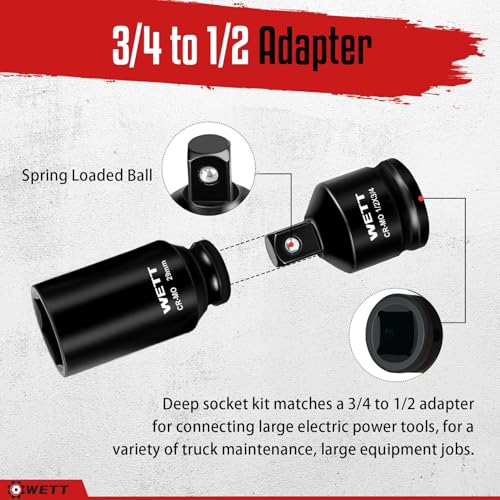 WETT 1/2" Drive Deep Large Impact Socket Set, 11-Piece Spindle Axle Nut Wheel Wrench Sockets Set, Jumbo Metric 6 Point Sockets with 3/4 to 1/2 Adapter, CR-MO, (27mm-38mm) - Image 4