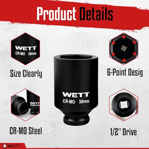 WETT 1/2" Drive Deep Large Impact Socket Set, 11-Piece Spindle Axle Nut Wheel Wrench Sockets Set, Jumbo Metric 6 Point Sockets with 3/4 to 1/2 Adapter, CR-MO, (27mm-38mm) - Image 3