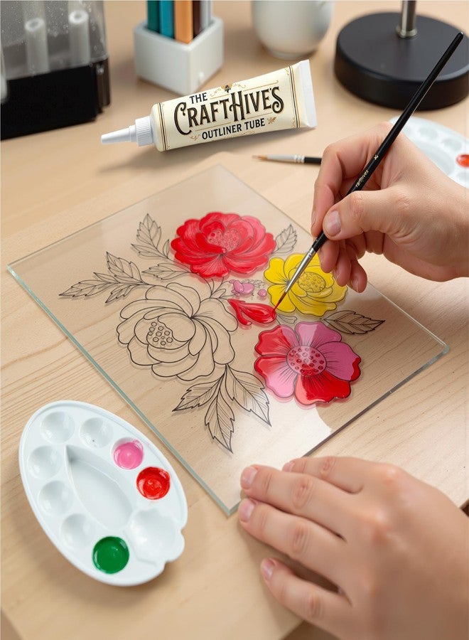 The Crafthives Floral Glass Painting Kit | DIY Flower Stained Glass Art Set with Acrylic Frames, Colours, Brushes & Outliner | Creative Glass Painting Craft Kit for Kids Beginners Adults - Image 3
