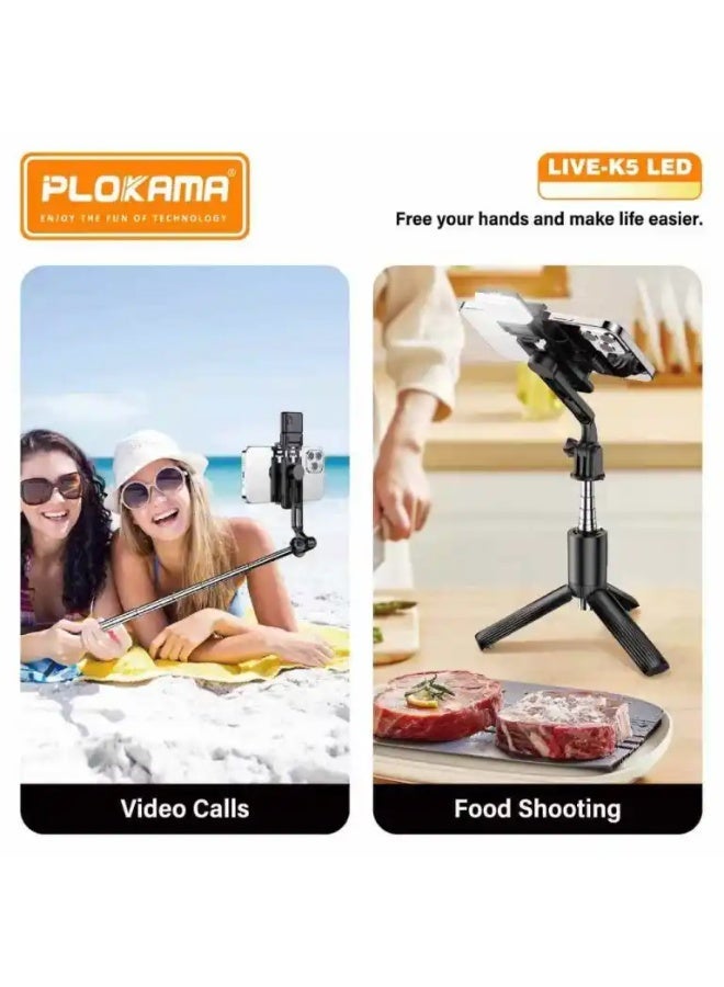 Portable Mini Selfie Stick K5 with LED Light & Bluetooth Remote – Ideal for Live Streaming & Photos - Image 3