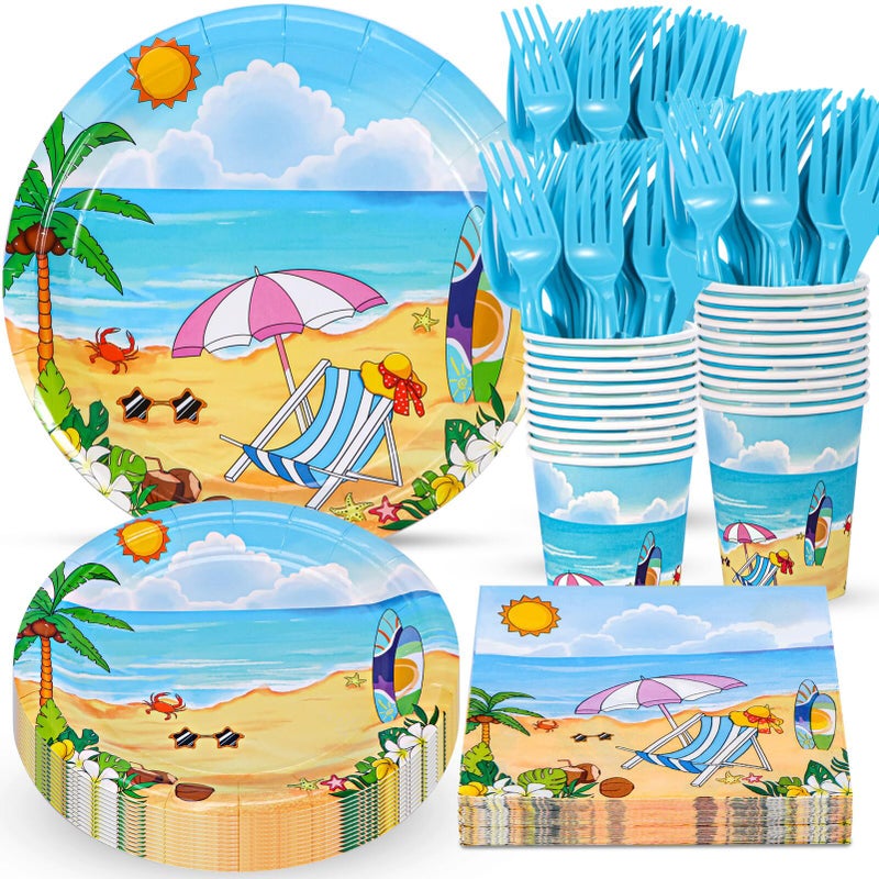 Atonofun Beach Party Supplies Beach Plates and Napkins Set Disposable Beach Plates Cups Napkins and Cutlery for Birthday Pool Summer Party Baby Shower Beach Themed Party Decorations Serves 24